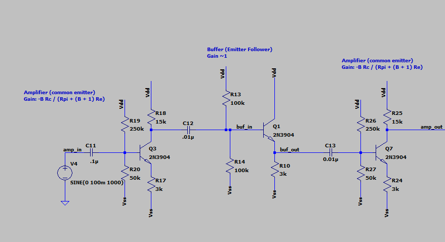 Transistor amplifier - two common emitters separated by an emitter follower